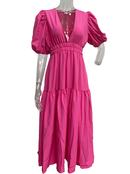 Women 2024 Puff Sleeve Deep V Neck Long Dresses Summer for Woman Sexy Green Women's Dress Summer Royal Blue
