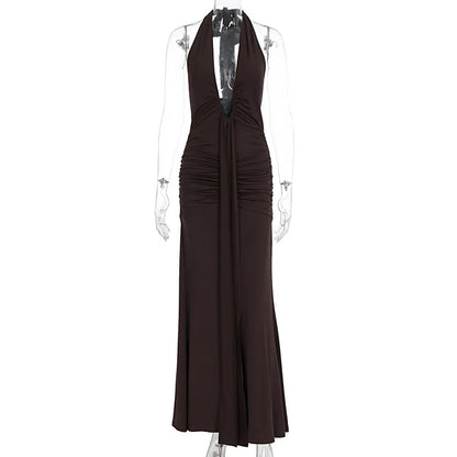2026 Fashion Summer Women Halter Deep V-Neck Backless Solid Casual Maxi 100% Polyester Crystal Vacation Dresses