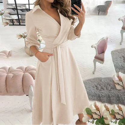 New Woman Clothes  Fashionable Long-sleeved V-neck Printed Hip-hugging Dress for Women Lapel Shirt Dress  With High Quality