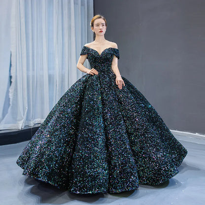 Elegant Modern One-Shoulder Bridal Wedding Dress Lace-up Tutu Skirt Adults Sleeveless Ball Gown Color Changing Sequin Prom Gown