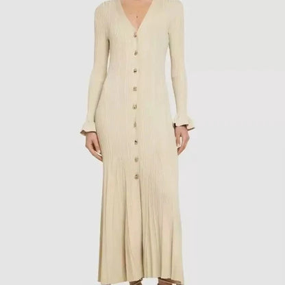 Women's Casual Elegant V-Neck Knitted Maxi Skirt for Winter Autumn Flared Fishtail Dress with Solid Pencil Washable