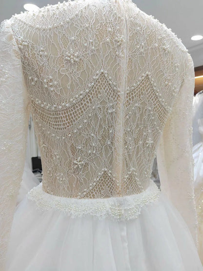 9118# High Neck Casual Beach A-Line Lace Beading Puffy  Wedding Dresses Long Sleeve  Lace Boho Wedding Dress Bridal Gown