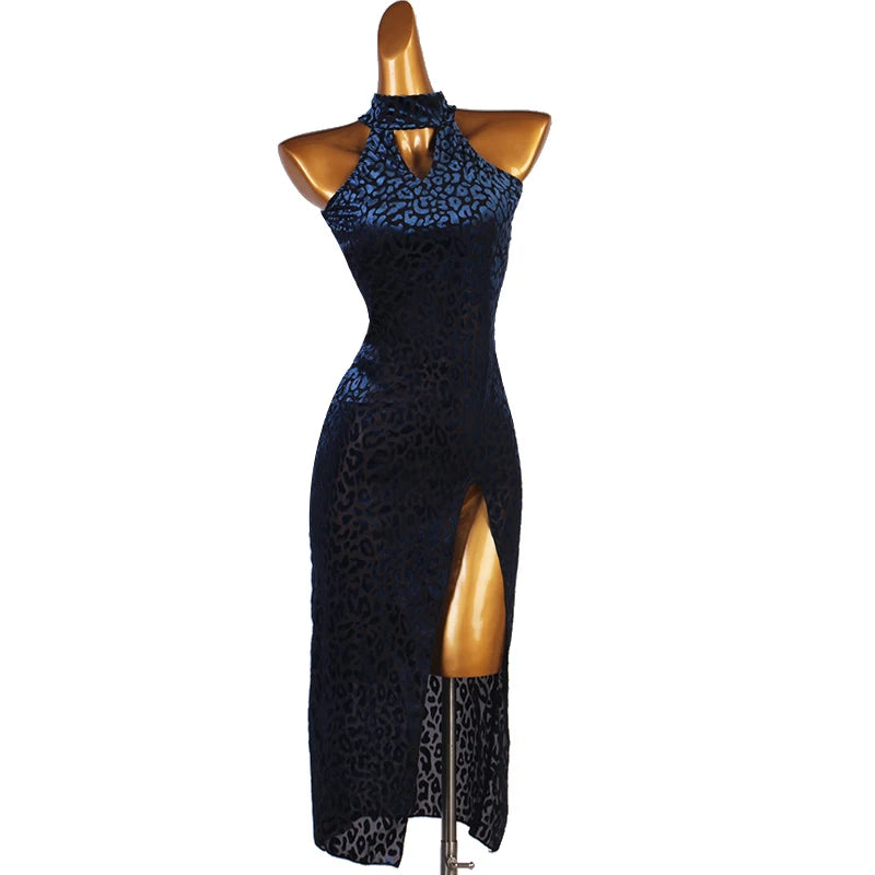 New Split Skirt Latin Dance Party Chiffon Dress V-neck Natural Waistline Breathable Floor-Length