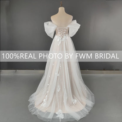 4562# Real Photos 3D Flowers Off Shoulder V-neck A-line Wedding Dress Sweep Train Bridal Gown High Slit Low Back Polka Dots Lace