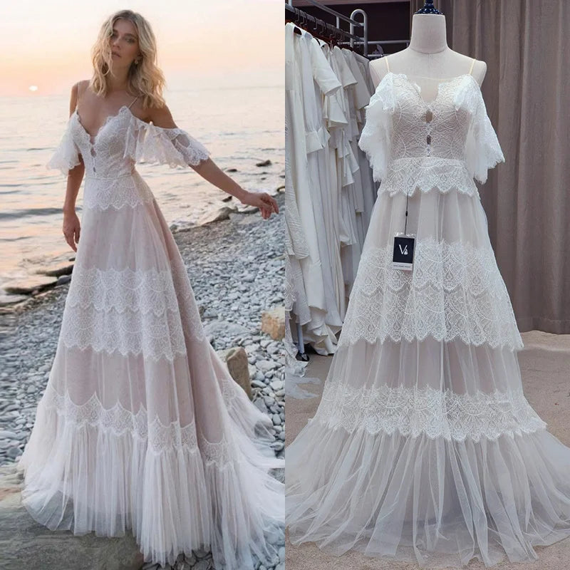 1241#Spaghetti Straps Backless Flare Sleeve Bohemian Boho Beach Wedding Dresses Champagne Bridal Dresses Vestidos De Renda