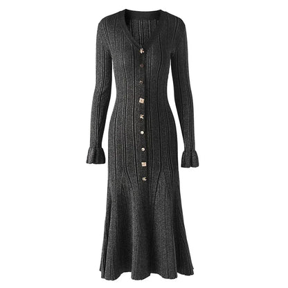 Women's Casual Elegant V-Neck Knitted Maxi Skirt for Winter Autumn Flared Fishtail Dress with Solid Pencil Washable