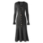 Women's Casual Elegant V-Neck Knitted Maxi Skirt for Winter Autumn Flared Fishtail Dress with Solid Pencil Washable
