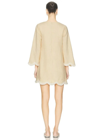 Women's Summer Yellow French Vintage Regular Fit Short A-line Dress Heavyweight Linen/Cotton ODM Solid Embroidered Natural