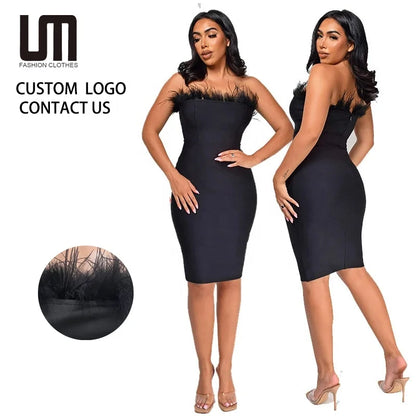 Liu Ming Latest Design Elegant Sexy Women Clothes Strapless Feathers Bodycon Club Party Midi Dresses