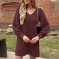 Hot Sale European American Style Autumn Winter Casual Dating V-neck Puff Sleeve Solid Color Sweater Dress