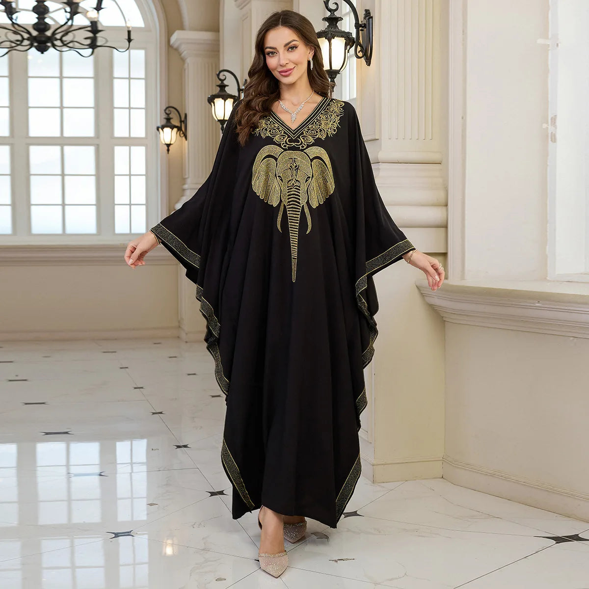 Beach Abaya in Rayon with Gold Embroidery and Batwing Sleeves for Vacation Available on for (24 Colors) L4125