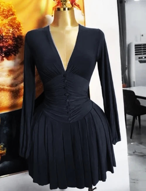 Women's Pleated V-neck Long-sleeved Dress French Style Slim Waist Knee Length Skirt