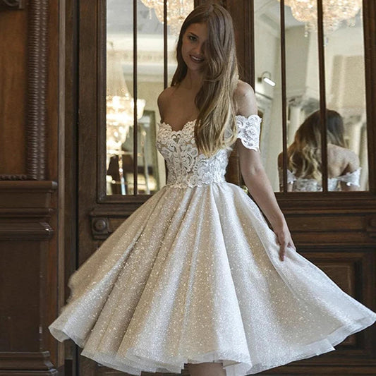 13830# Elegant Sequined A-Line Bridal Gown 2022 Fashion Lace Cap Appliques Wedding Dress Short Lace-Up Evening Dress Party Dress