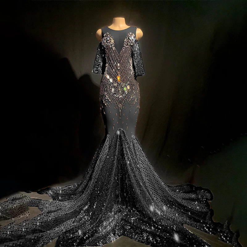 Elegant See Through Glitter Sequins Rhinestone Wedding Party Ball Gowns for Women Prom Trailing Dress Mermaid Evening Dresses
