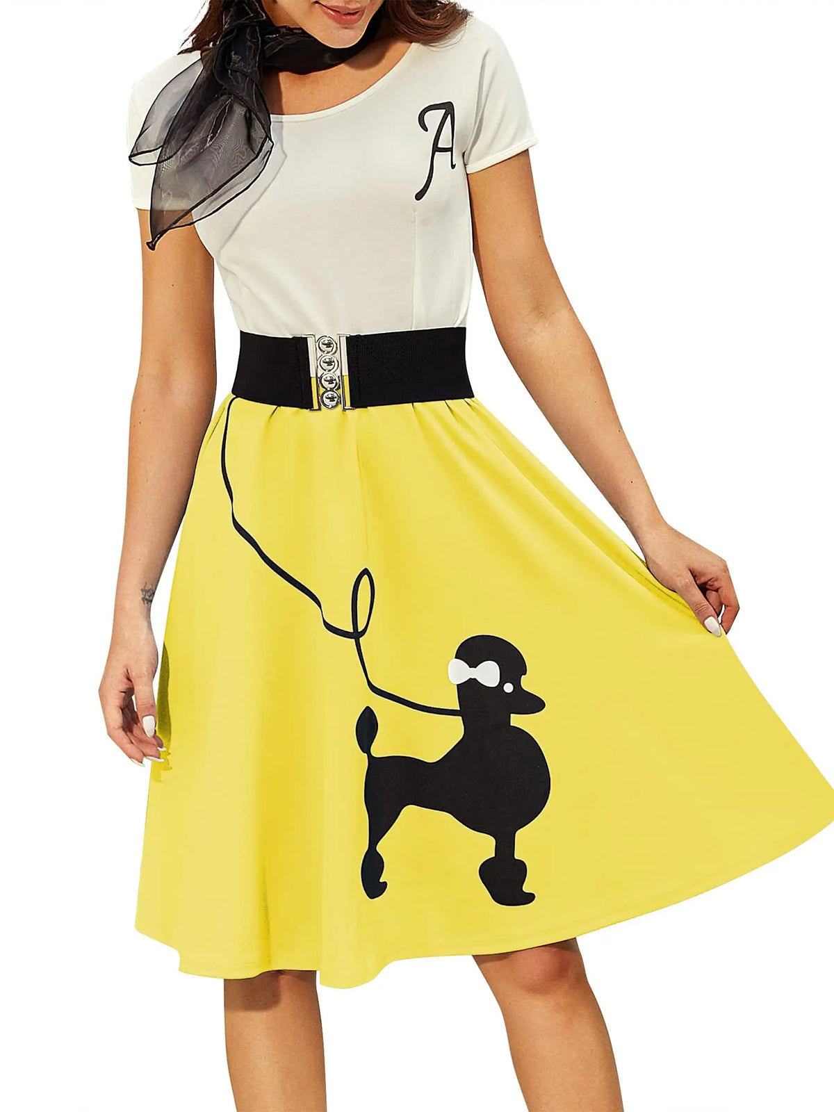 Women's Retro Poodle Print Skater Dress Vintage High Waist Rockabilly Swing Dress Chiffon for Summer Cocktail Front