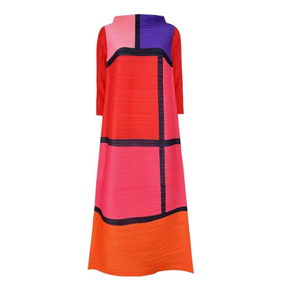 Miyake Pleated New Summer Loose European Contrast Color Women's Casual Long Dress