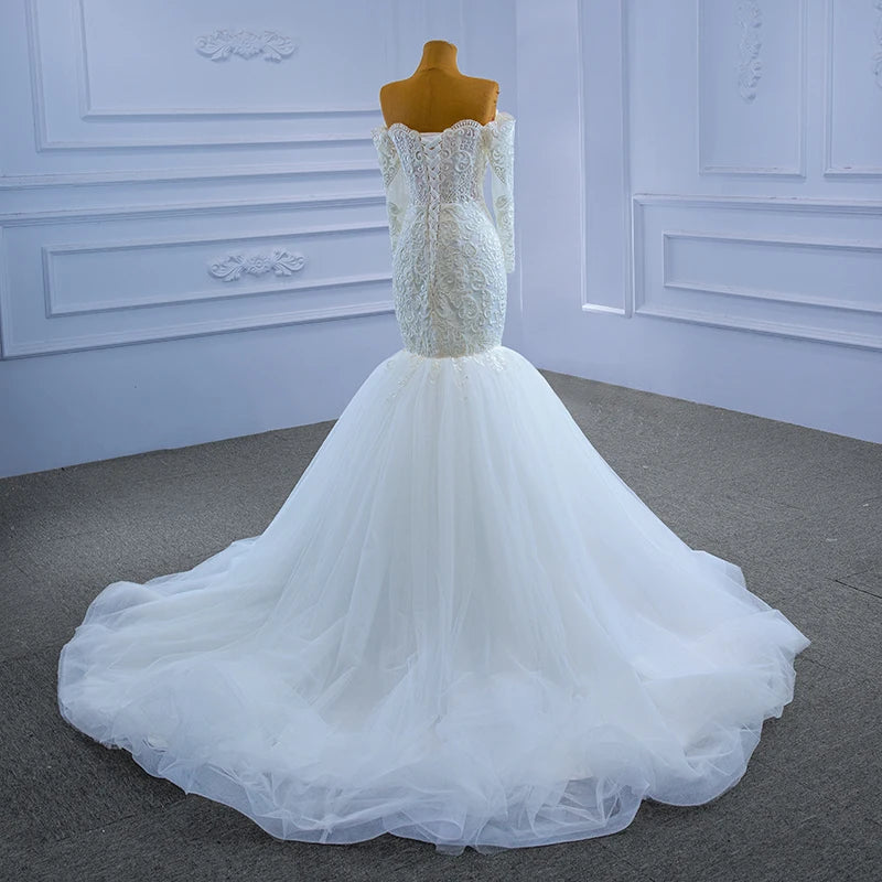 Jancember  Rsm67353 Luxury Tube Top Long Sleeve Lace Embroidered Mermaid Wedding Dress