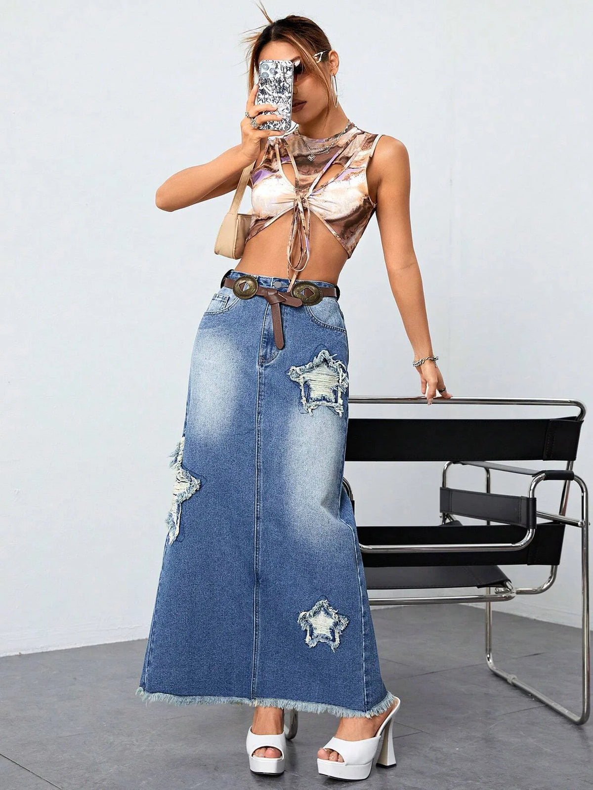 Retro High-waisted Denim Dress Starlet Tassel Pattern Design Long Skirt Lady Tight-fitting Hip Spice Skirt
