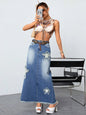 Retro High-waisted Denim Dress Starlet Tassel Pattern Design Long Skirt Lady Tight-fitting Hip Spice Skirt