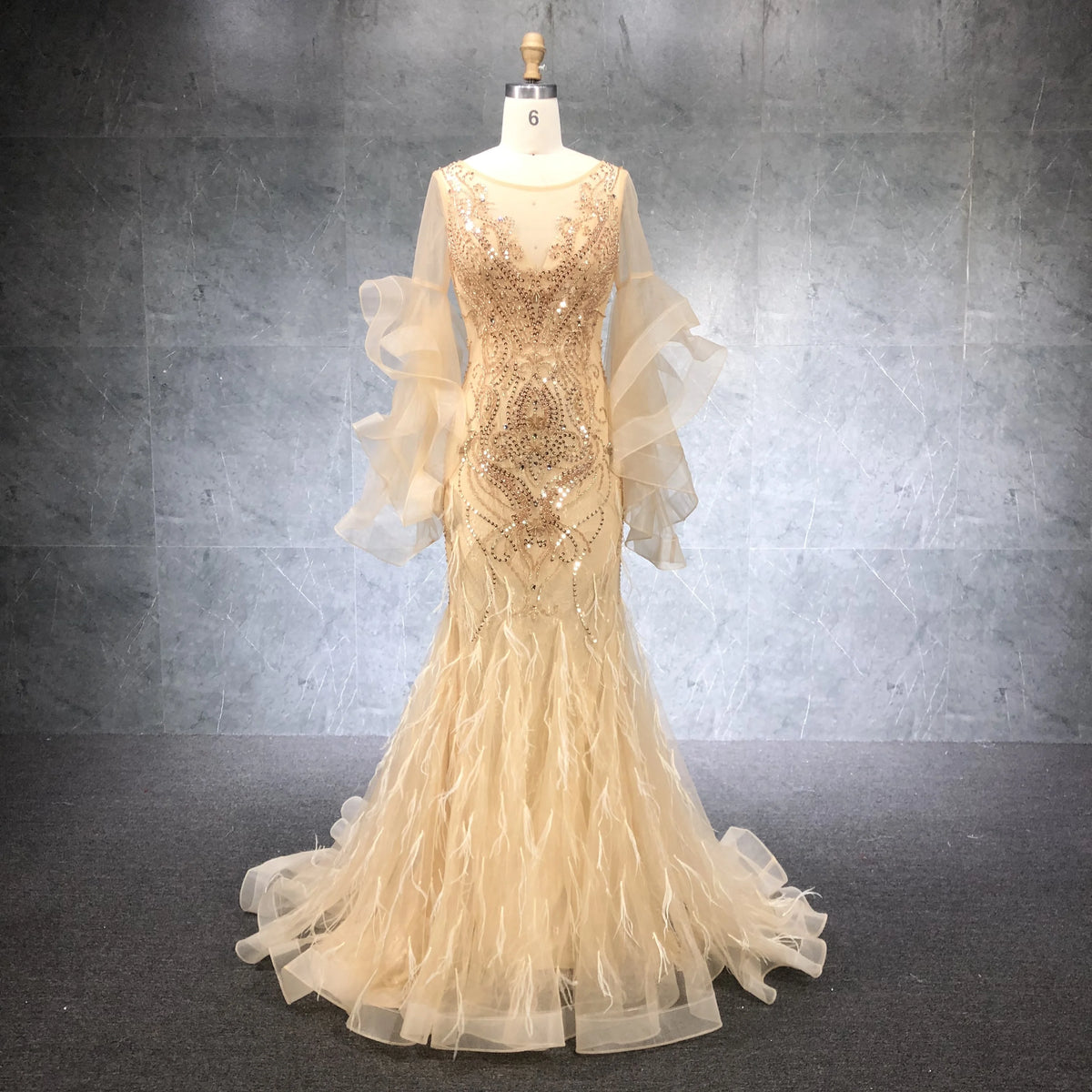 2020 New Arrival Beading Mermaid Ruffle Sleeve Evening Dresses Party Dress for Women Dress