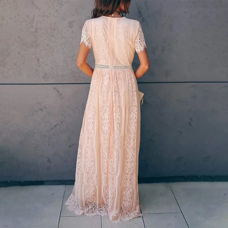 Casual White Lace Chiffon Maxi Dresses Elegant Outfit Party Wear Evening Gown Long Wedding Guest Dress Summer Clothes