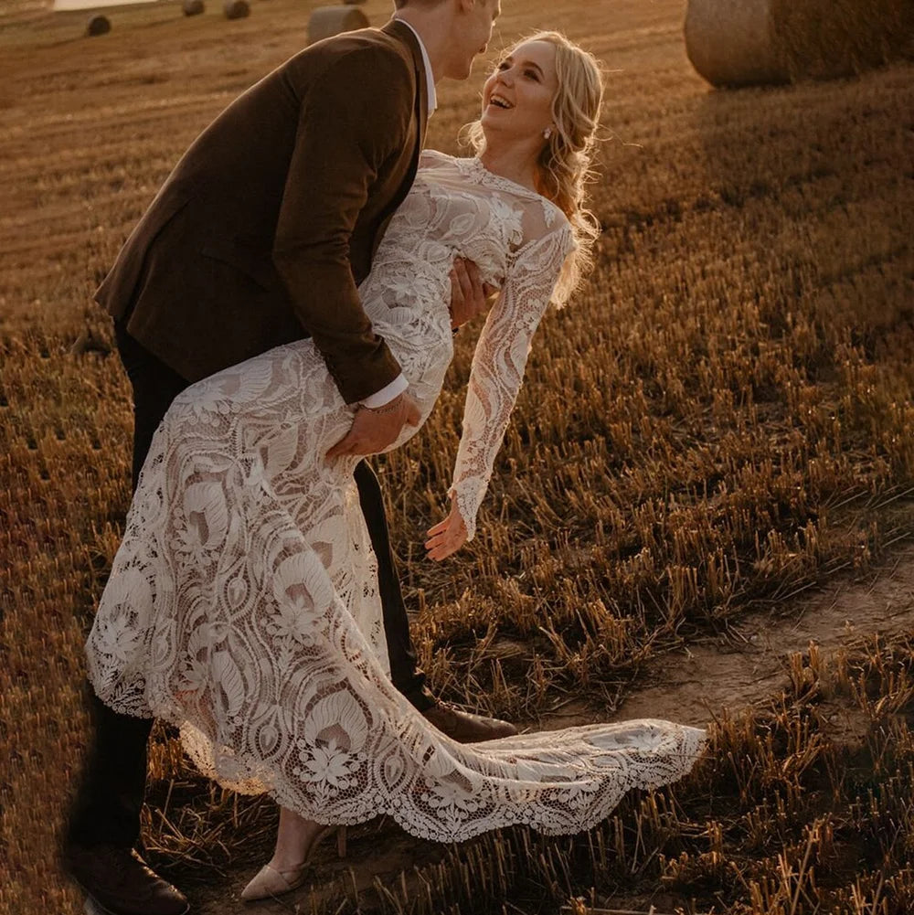 #10165 2 Pieces Long Sleeves Lace Rustic Wedding Dress Backless Vintage Beach Barn Ranch Plus Size Custom Made  Mermaid