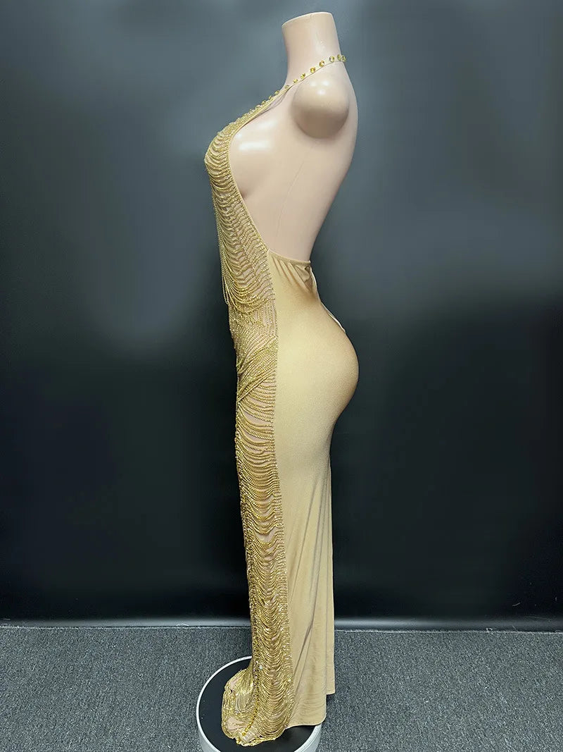 Novance Y2699-Lc Maxi Plus Size Custom Dresses Manufacturing Golden Evening Dress Rhinestone Dress With Mesh for Birthday Party