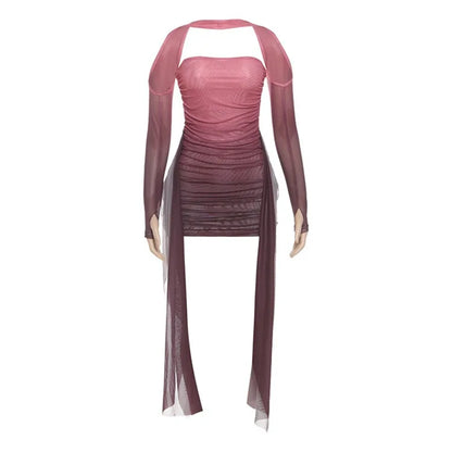Valentine Mesh Women Mini Dress Fashion Solid Strapless Ribbons Tassel Body-shaping Vestidos+Seperately Full Sleeve Gloves
