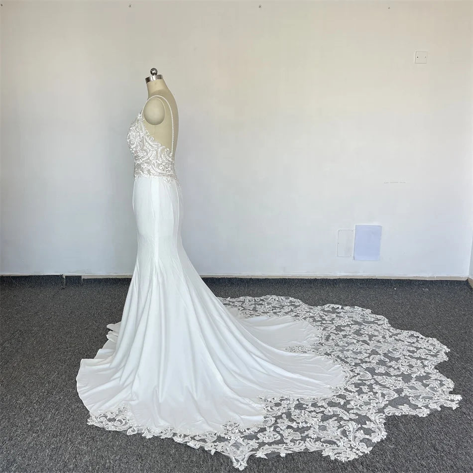 Feishiluo  Luxurious  Mermaid Lace  Appliqued Wedding Dresses  Spaghetti Strap Ivory  Bride Gown Dress  for Women