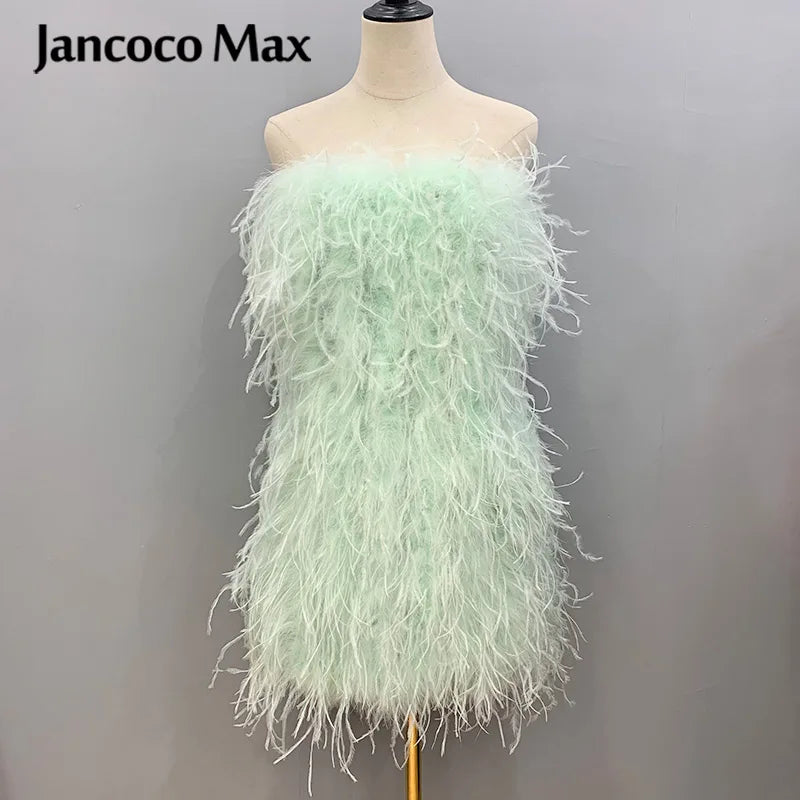 Long Pink Wrap Feather Fur Dress Party Ostrich Feather Dress for Ladies