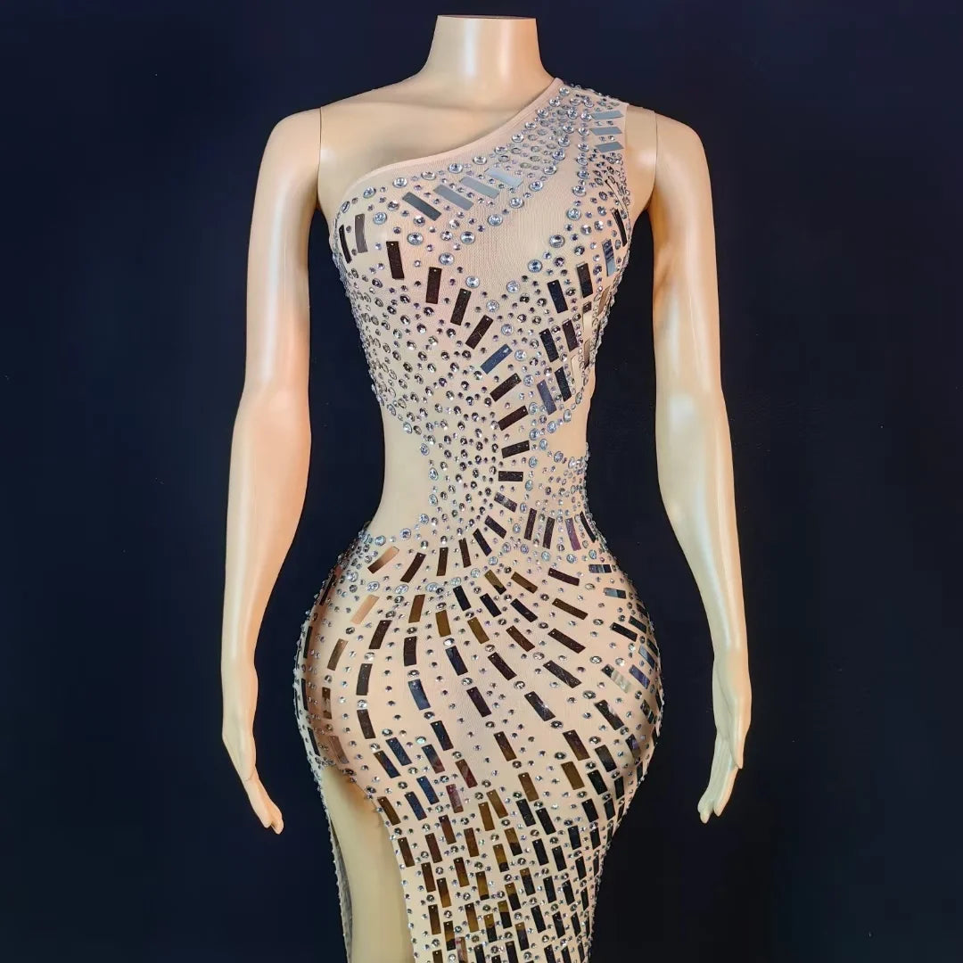 Elegant One Shoulder Rhinestone Sequins Ball Gown Ladies Dinner Banquet Party Long Dress Women Sexy High Slit Prom Evening Dress