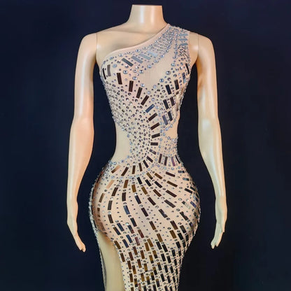 Elegant One Shoulder Rhinestone Sequins Ball Gown Ladies Dinner Banquet Party Long Dress Women Sexy High Slit Prom Evening Dress