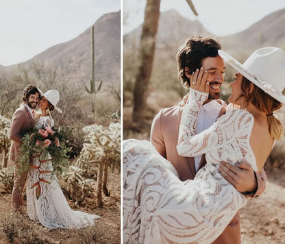 #4053 New Elegant Lace Bateau Long Sleeves Boho Wedding Dress Backless Plus Size Rustic Bridal Photoshoot Gown