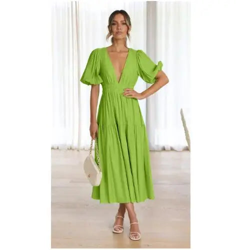 Women 2024 Puff Sleeve Deep V Neck Long Dresses Summer for Woman Sexy Green Women's Dress Summer Royal Blue