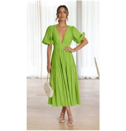 Women 2024 Puff Sleeve Deep V Neck Long Dresses Summer for Woman Sexy Green Women's Dress Summer Royal Blue