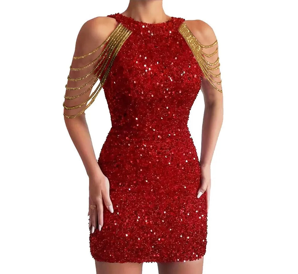 European American New Women's Eco-Friendly Sexy Colorful Sequin Mini Ball Gown Backless Halterneck Tassel Slim Hip Skirt Dress