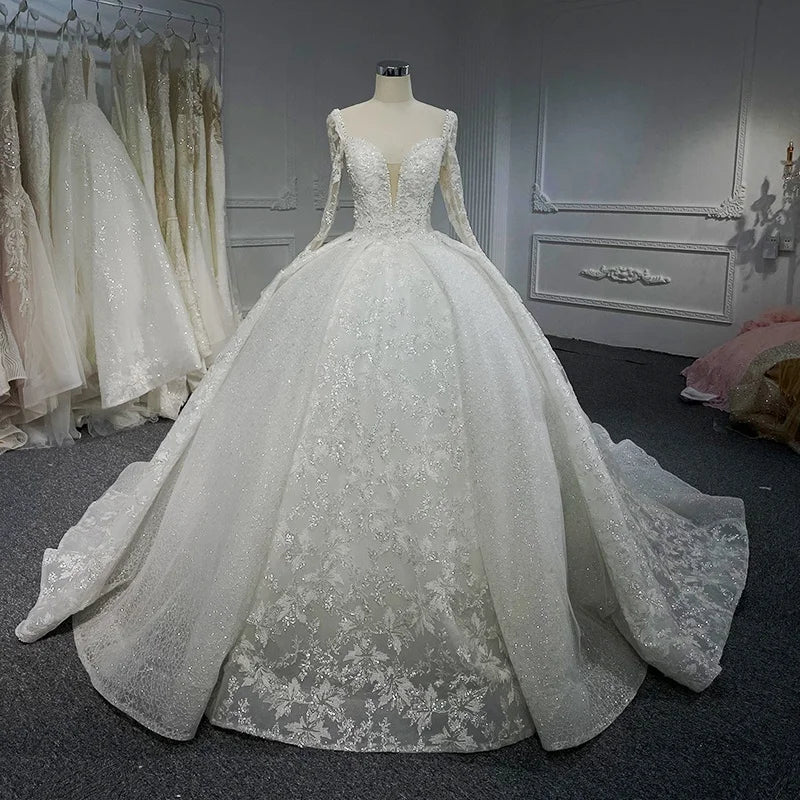 Jancember LSB062 Exquisite V-neck Long Sleeves Lace up Ball Wedding Dress 2023