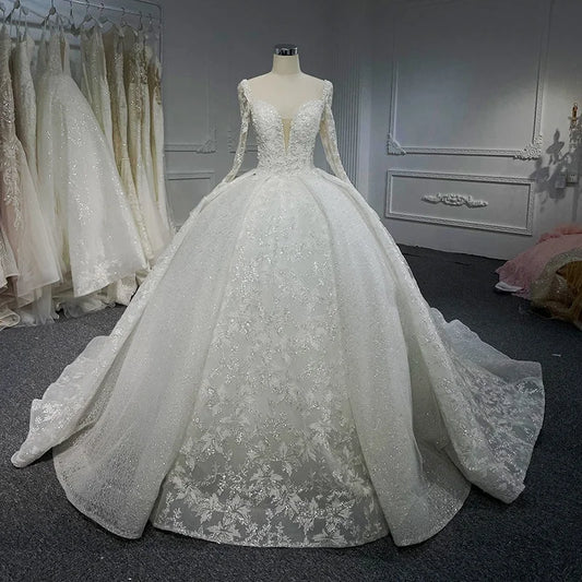 Jancember LSB062 Exquisite V-neck Long Sleeves Lace up Ball Wedding Dress 2023
