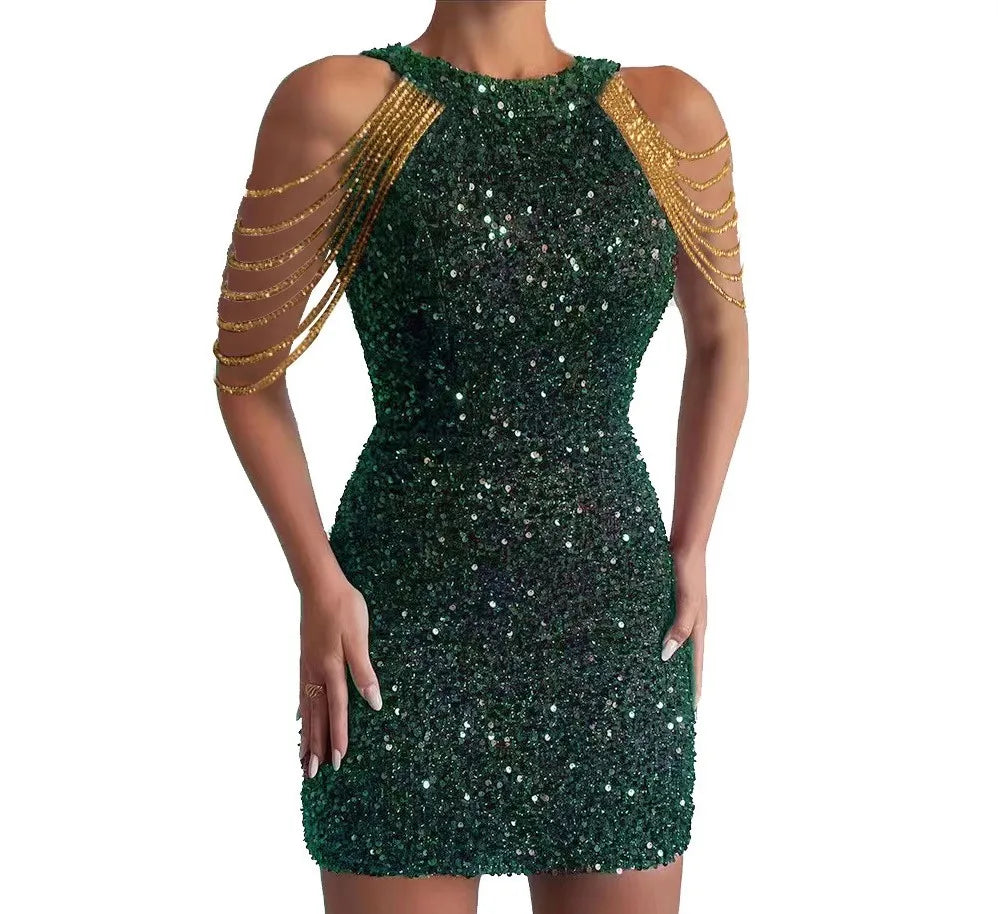 European American New Women's Eco-Friendly Sexy Colorful Sequin Mini Ball Gown Backless Halterneck Tassel Slim Hip Skirt Dress