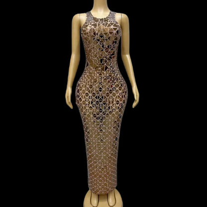 Vestidos Mujer Sleeveless Mirror Sequins Prom Gown See Through Nightclub Party Long Dress Women Formal Banquet Evening Dress