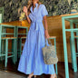 FD492 Hot Selling Summer Dresses for Women Elegant Stripe Printed Short Sleeve Loose Shirt Dress Long Maxi Ladies