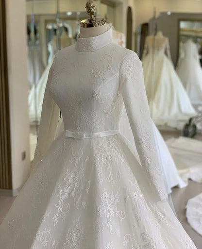 FA177 Customized High Neck Long Sleeves A-Line Zipper Back Tulle Lace Applique Pearl Beaded Wedding Dresses With Bow Vestido