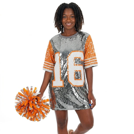 Cheerleaders Uniform O-Neck Number 16 Sparkle Sequin T-shirt Dress Festival Club Casual Loose Oversized Tunic Tee Sequin Jersey