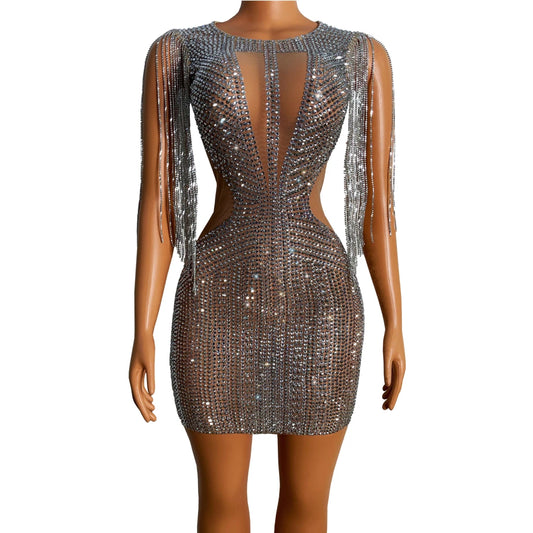 Sparkly Mesh See Through Rhinestone Tassel Birthday Party Evening Bodycon Dress Women Sexy Prom Club Mini Dress Festival Outfit