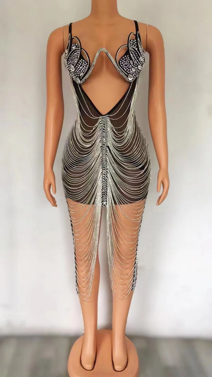 Luxury Halter Backless Gold Rhinestones Tassel Bra Prom Dress Sexy Hollow Out Exotic Stripper Dancewear Women Club Party Dresses