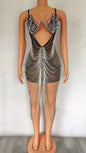 Luxury Halter Backless Gold Rhinestones Tassel Bra Prom Dress Sexy Hollow Out Exotic Stripper Dancewear Women Club Party Dresses