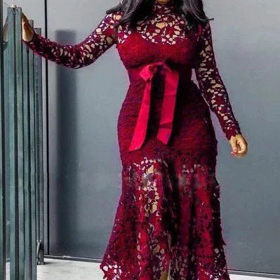 Boutique Wholesale 2025 Autumn New Fashion Stand Collar Lace Hollow Out Long Sleeved Irregular Women's Dress