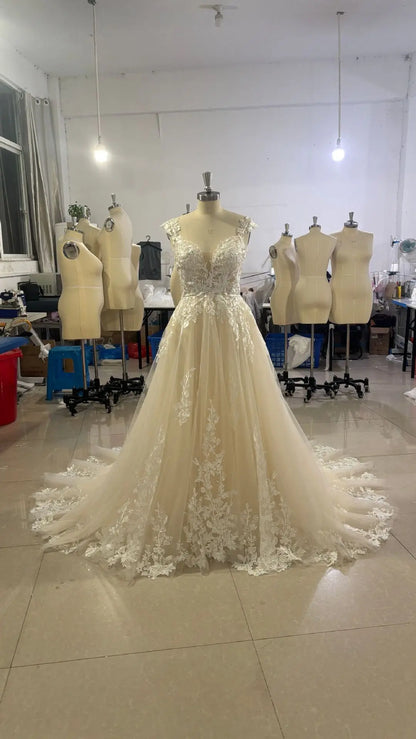 New Sexy V-Neck Wedding Dress Elegant Sleeveless Lace Appliques Bridal Dress