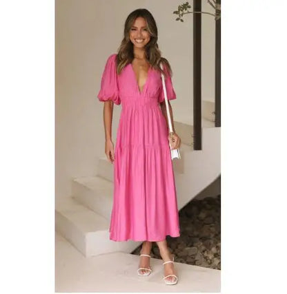 Women 2024 Puff Sleeve Deep V Neck Long Dresses Summer for Woman Sexy Green Women's Dress Summer Royal Blue