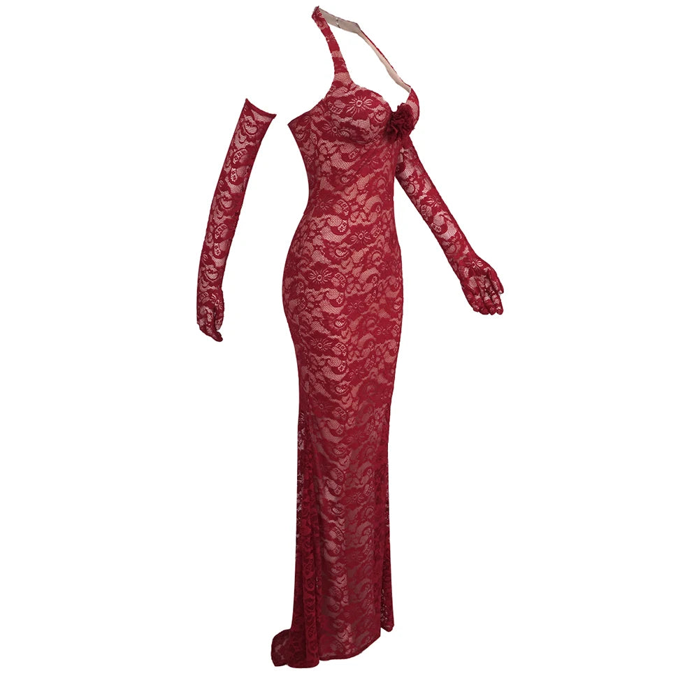 2024 New Floral Embroidery V-neck Halter Dress Slim Mesh Red Long Women Dress Evening Gown